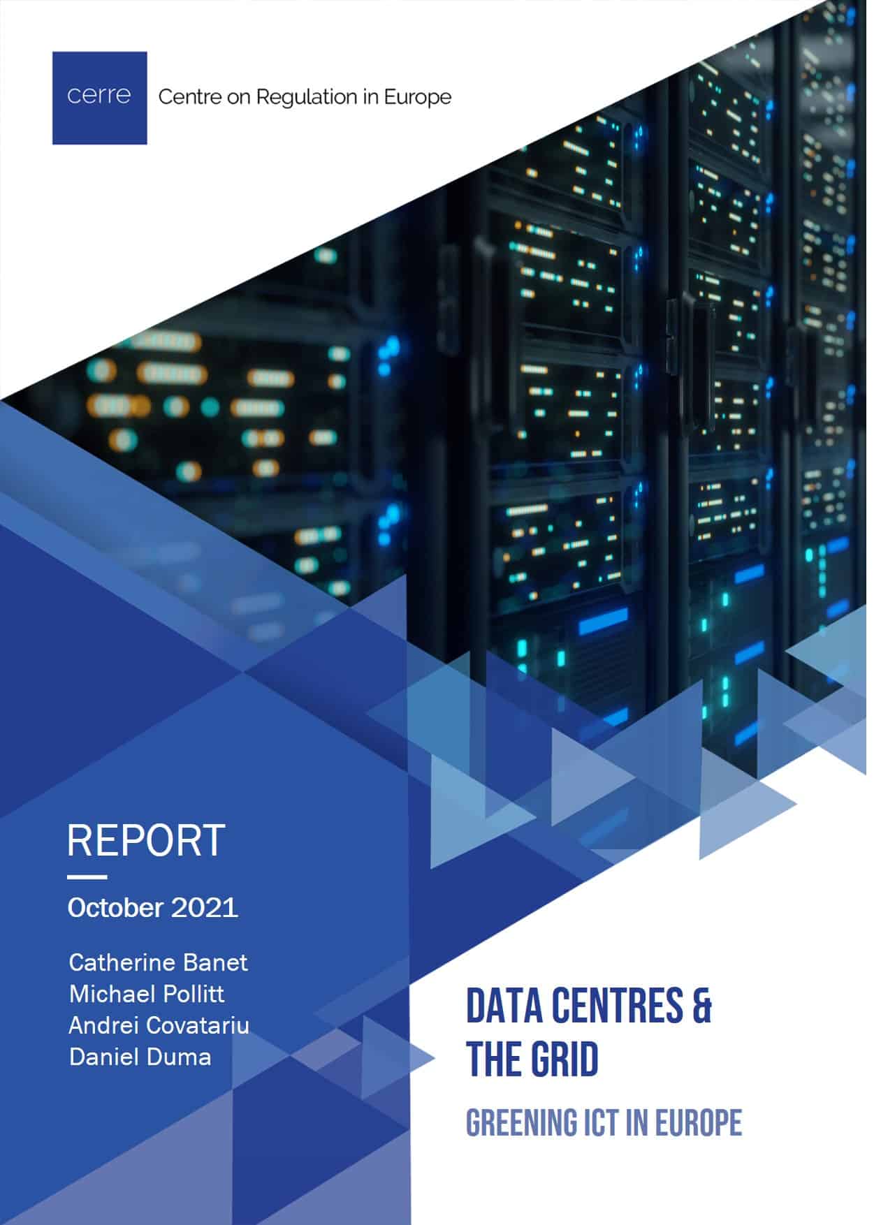 Cover of a publication. Blue background with a photograph of a super computer in the top right corner and the title "Data Centres and the Grid: Greening ICT in Europe" in the bottom right