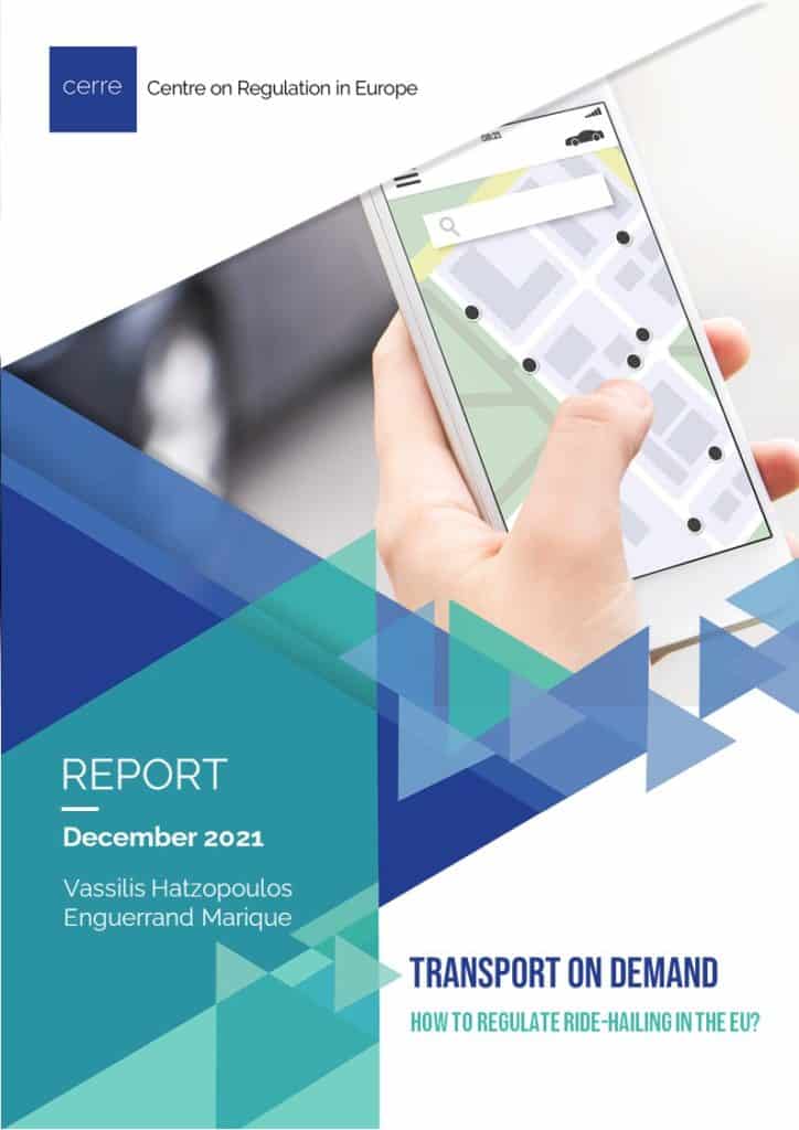 Cover of a publication: photo of a hand holding a mobile phone with a map app open with a black car in the background