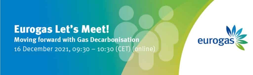 Eurogas event cover, blue-green background with white text "Moving forward with Gas Decarbonisation"