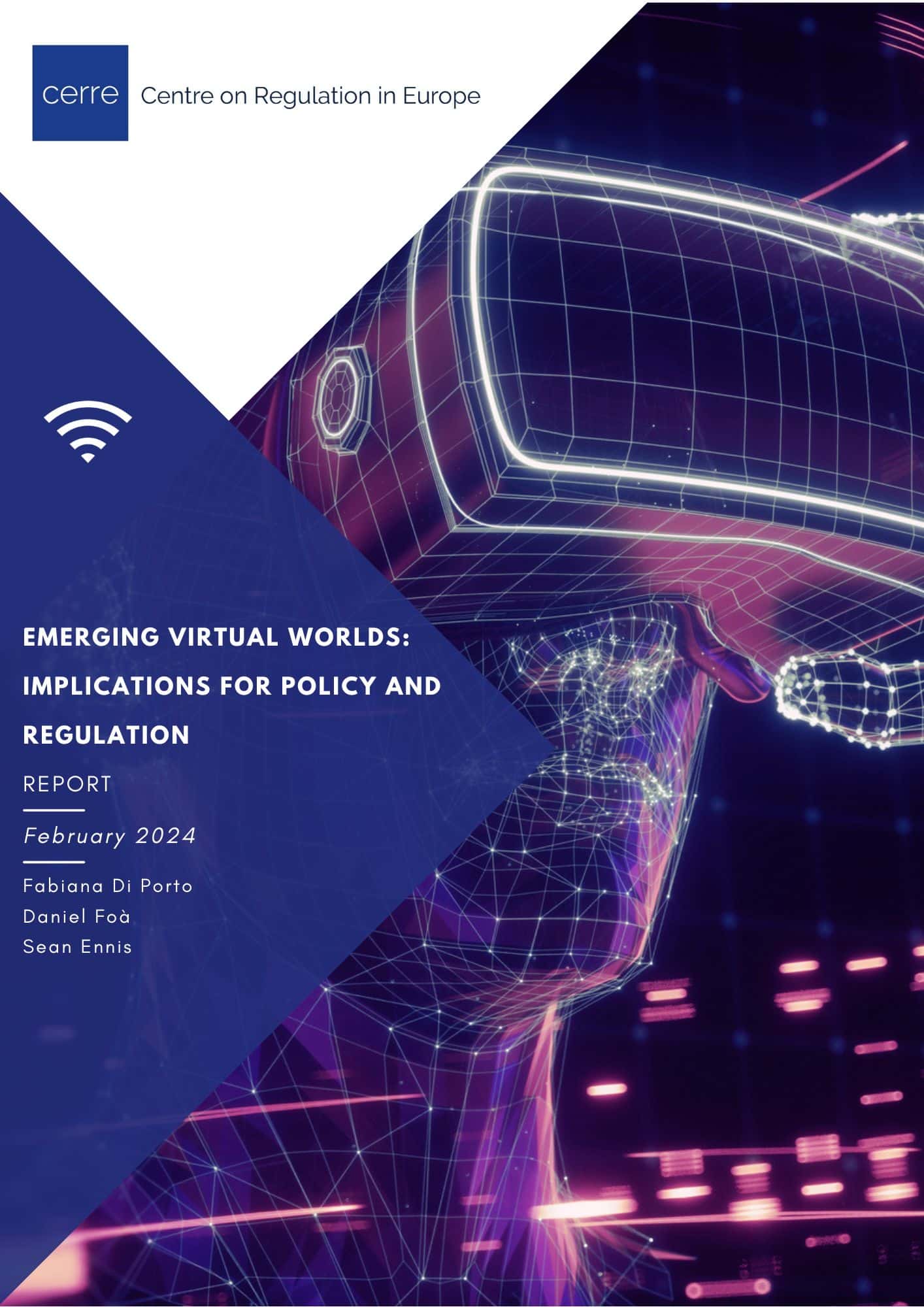 Cover of CERRE report titled Emerging Virtual Worlds: Implications for Policy and Regulation, featuring CERRE’s blue abstract design.