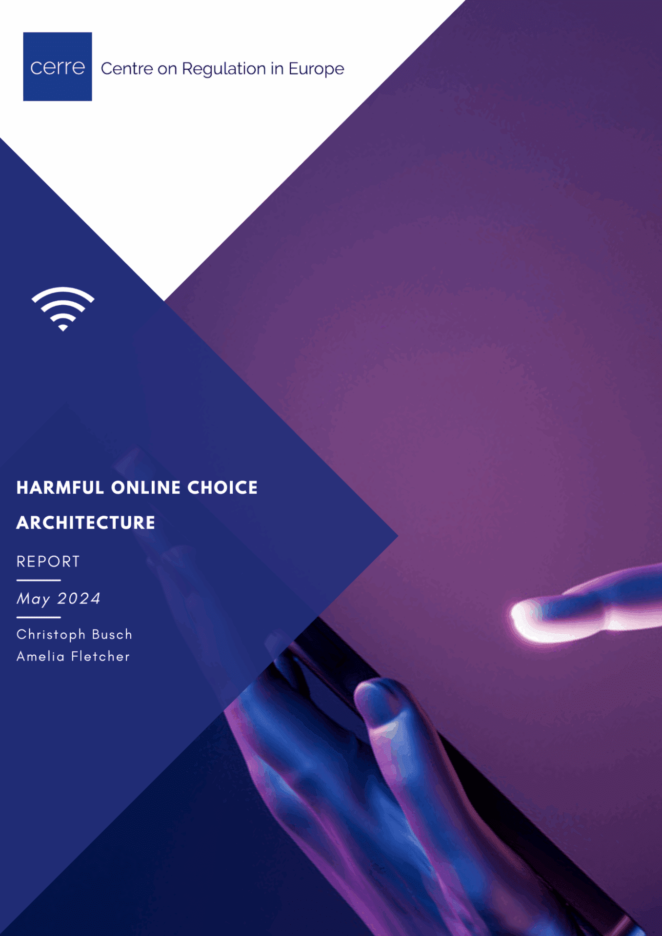 Cover of CERRE report titled Harmful Online Choice Architecture, featuring CERRE’s blue abstract design.