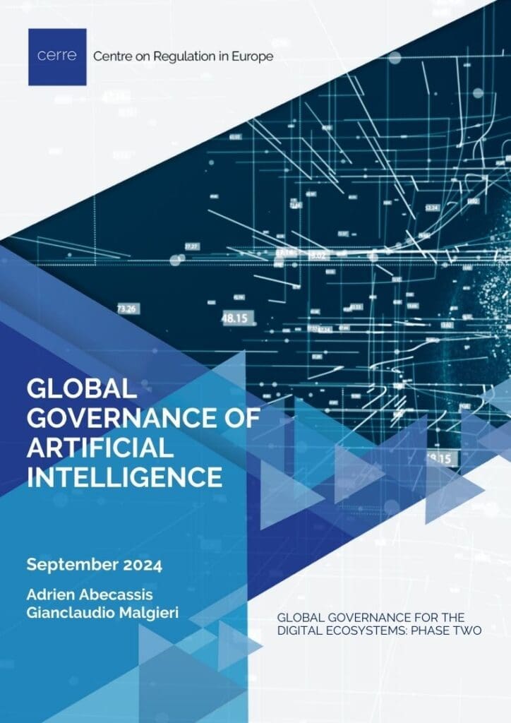 Cover of CERRE report titled Global Governance of Artificial Intelligence, featuring CERRE’s blue abstract design.