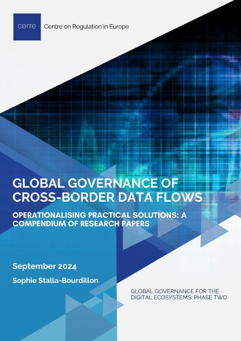 Cover of CERRE report titled Global Governance of Cross-Border Data Flows, featuring CERRE’s blue abstract design.