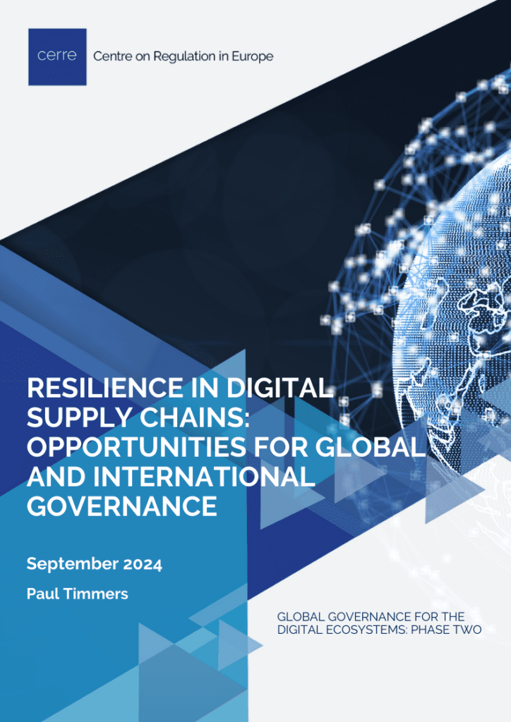 Cover of CERRE report titled Resilience In Digital Supply Chains: Opportunities for Global and International Governance, featuring CERRE’s blue abstract design.