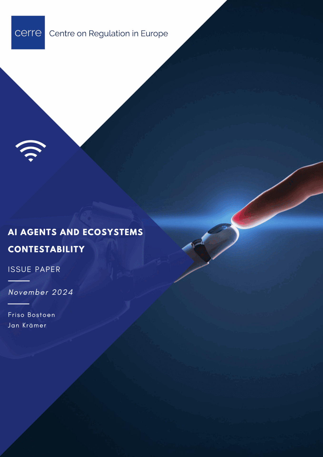 Cover of CERRE report titled AI Agents and Ecosystems Contestability, featuring CERRE’s blue abstract design.