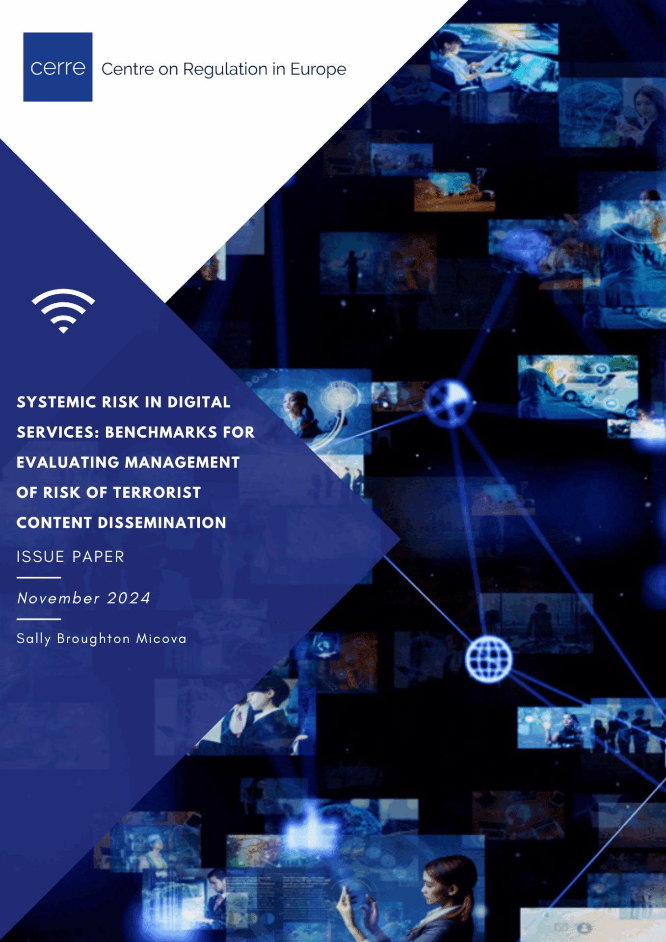 Cover of CERRE report titled Systemic Risk in Digital Services: Benchmarks for Evaluating Management of Risk of Terrorist Content Dissemination , featuring CERRE’s blue abstract design.
