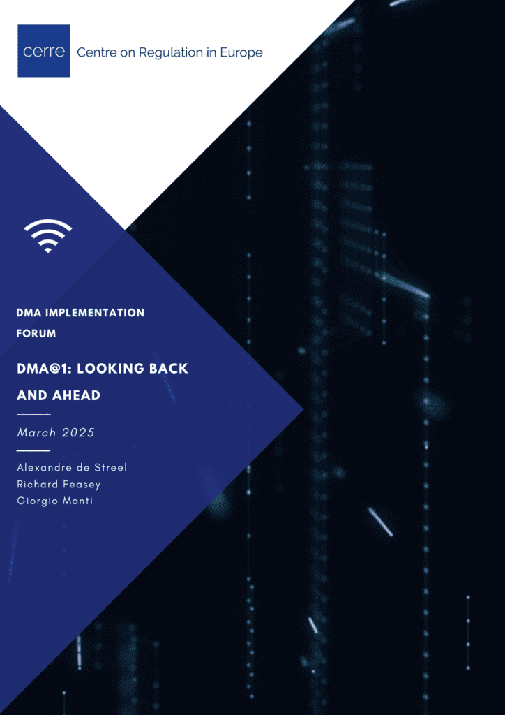 Cover of CERRE report titled DMA@1: Looking Back and Ahead , featuring CERRE’s blue abstract design.