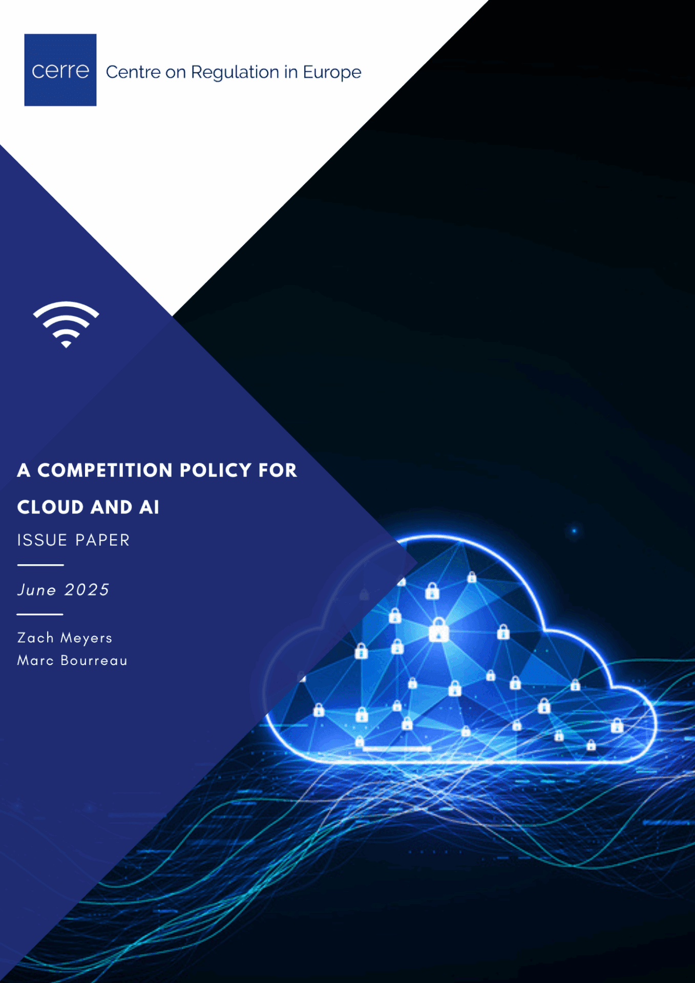 Cover of CERRE report titled A Competition Policy for Cloud and AI, featuring CERRE’s blue abstract design.
