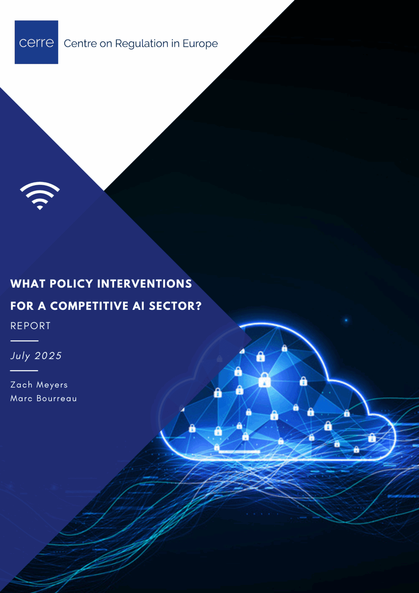 Cover of CERRE report titled What policy interventions for a competitive AI sector?, featuring CERRE’s blue abstract design.
